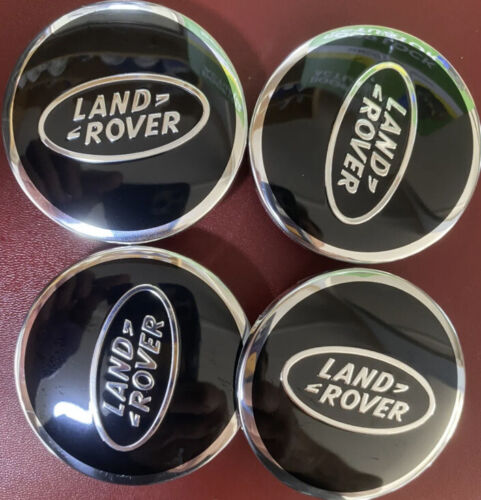 4X LAND ROVER BLACK AND CHROME EFFECT ALLOY WHEEL CENTRE CAPS 63MM USED GRADE B